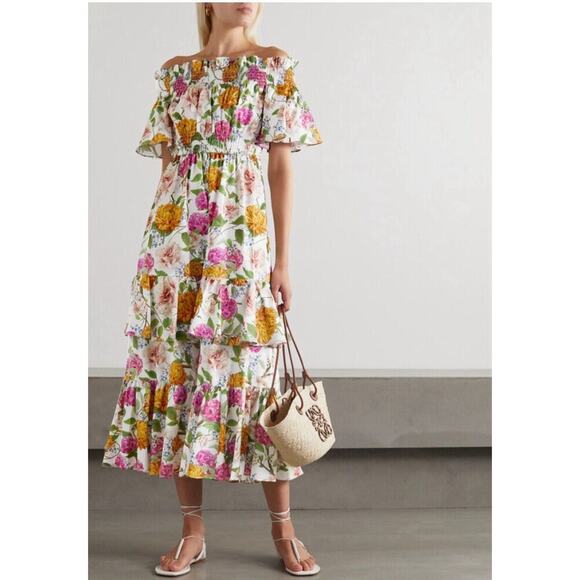Borgo de Nor Margarita Off-the-shoulder Floral Cotton-poplin Midi Maxi Dress 6 S - Picture 1 of 7